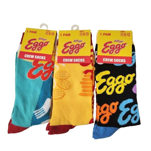 Eggo Socks Breakfast Waffles Novelty 3 Pair Adult Men Crew Size 6-12 NWT - Picture 1 of 4